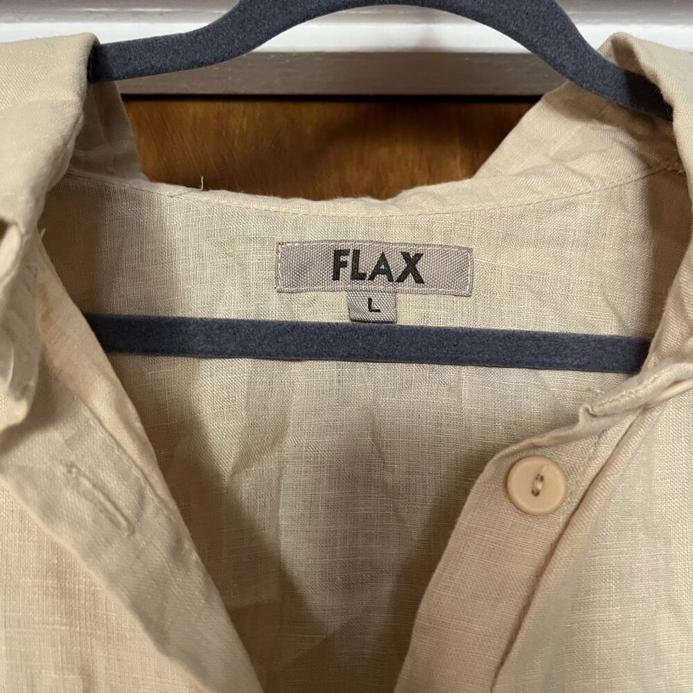 Flax Linen Tan Button Down Dress Pockets Roll Tab Sleeves Collared Size Large Wm - Picture 3 of 6